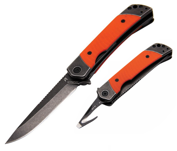 Revo Duo Flipper Folding Knife, Black SW w/Guthook Blades, G10 Orange, DUODORG