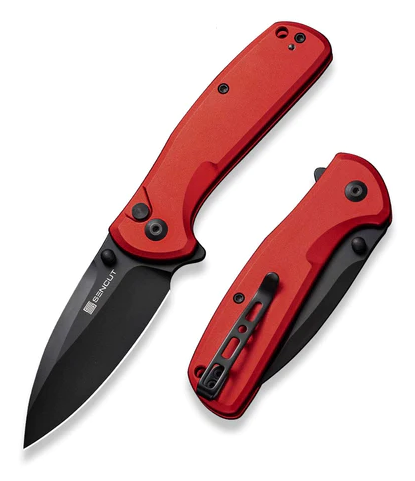 SENCUT ArcBlast Flipper Button Lock Knife, Black Blade, Aluminum Red, S22043B-4