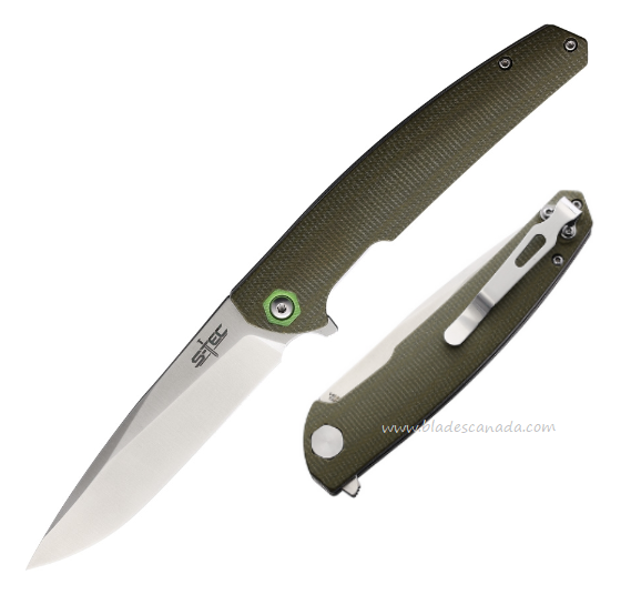 S-TEC Flipper Folding Knife, 14C28N Sandvik Satin, G10 Green, STTS500GN