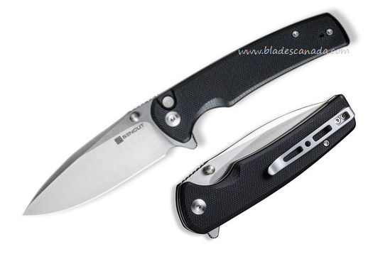 SENCUT Sachse Flipper Button Lock Knife, Satin Blade, G10 Black, S21007-5