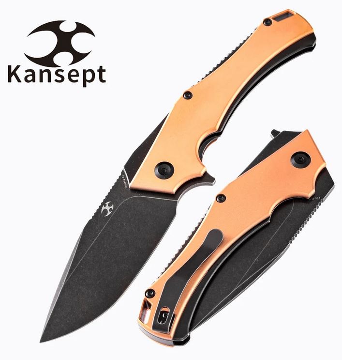 Kansept Hellx Flipper Folding Knife, D2 Steel, Copper Handle, T1008C1