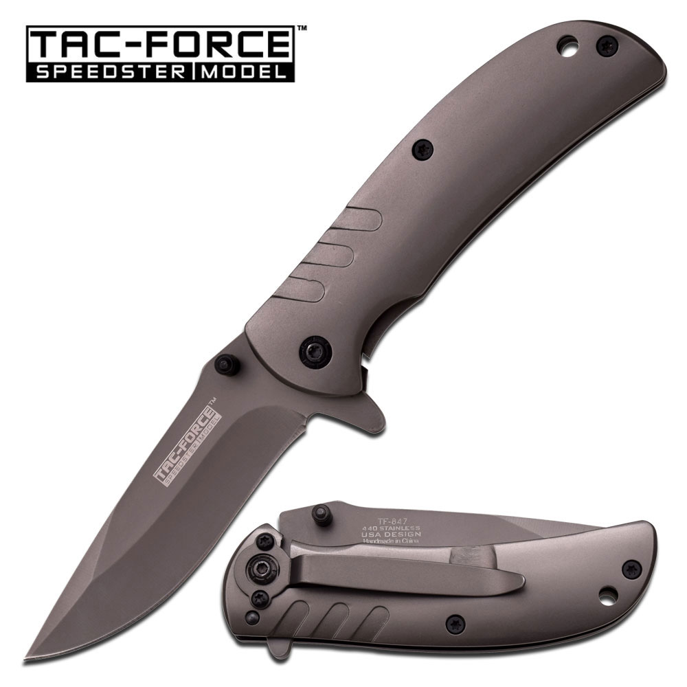 Tac Force TF847 Grey Ti-Coat Framelock Folding Knife, Assisted Opening