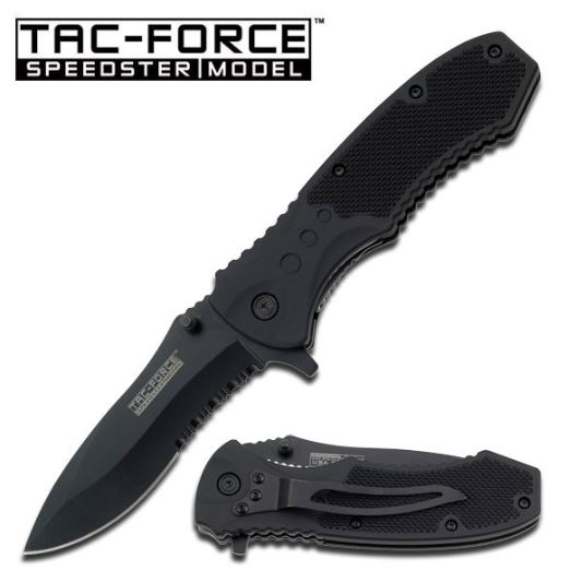 Tac Force 800BK All Black Folding Knife, Partially Serrated, Assisted Opening, TF800BK