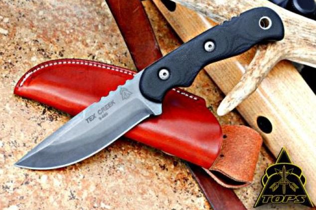 TOPS Tex Creek Hunter Fixed Blade Knife, 1095 Carbon, Micarta, Leather Sheath, TEX4