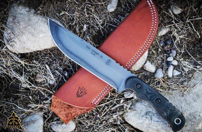 TOPS Tex Creek Hunter XL Fixed Blade Knife, 1095 Carbon, Micarta, Leather Sheath, TEX-XL