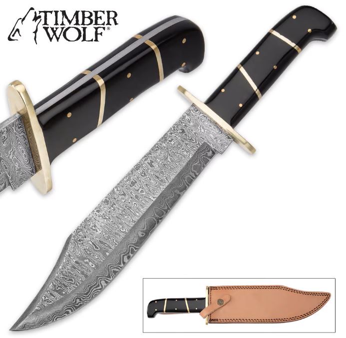 Timber Wolf Bison Gorge Bowie Knife, Damascus, Leather Sheath, TW562