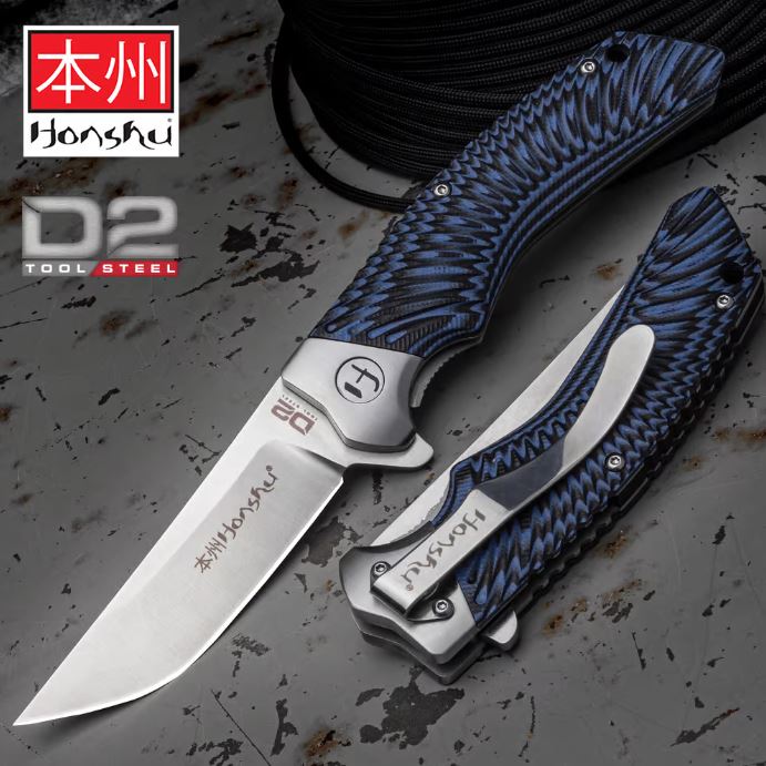 UC Honshu Sekyuriti Flipper Folding Knife, D2 Steel, Black/Blue G10, UC3440