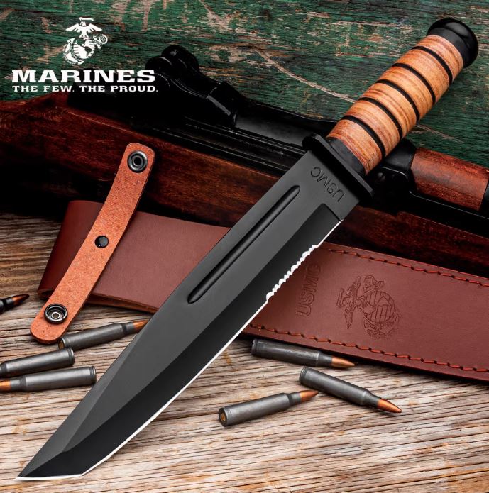 UC USMC Tanto Fixed Blade Knife, 14" O/A, with Leather Sheath, UC3476