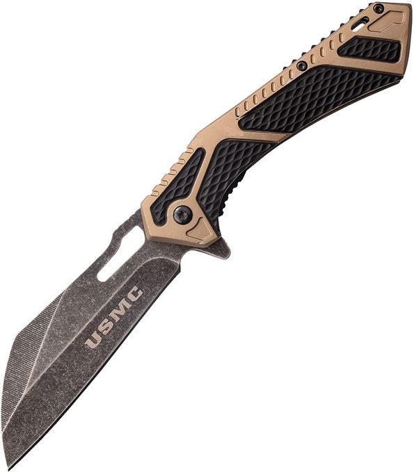 USMC USMA1063GN Folding Knife, Assisted Opening, Black/Tan Handle