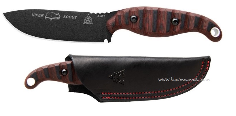 TOPS Viper Scout Fixed Blade Knife, 1095 Carbon, G10 Black/Red, Leather Sheath, VPSR2 - Click Image to Close