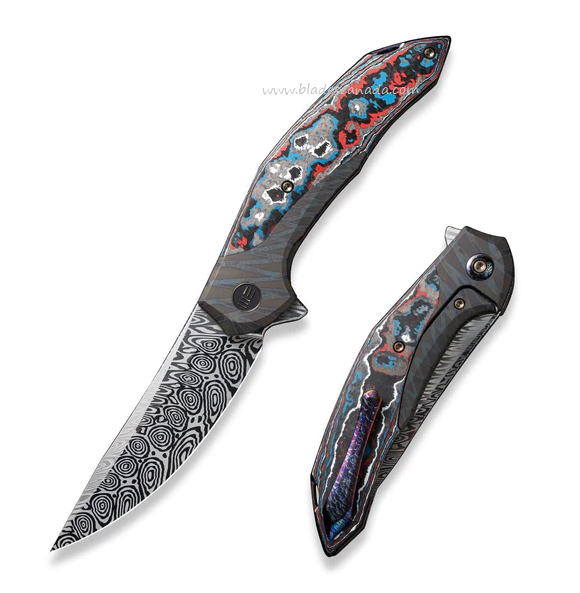 WE Knife Merata Flipper Framelock Knife, Ltd Edition, Damasteel, Titanium Tiger Stripe/Carbon Fiber, 22008B-DS1