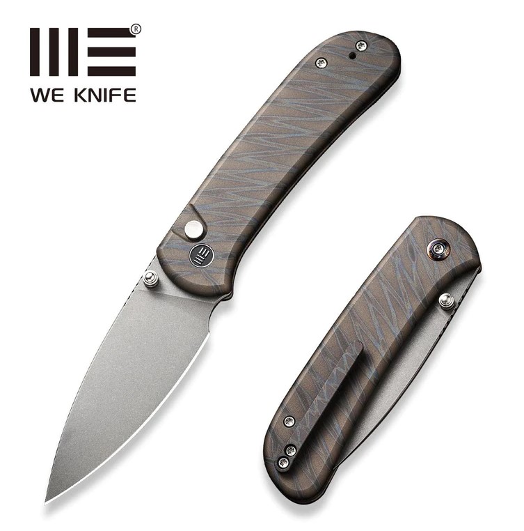 WE Knife Qubit Button Lock Folding Knife, CPM 20CV, Titanium Tiger Stripe, 22030F-4