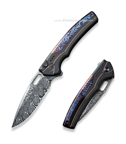 WE Knife Exciton Flipper Button Lock Knife, Ltd Edition, Damasteel, Flamed Titanium, 22038A-DS1