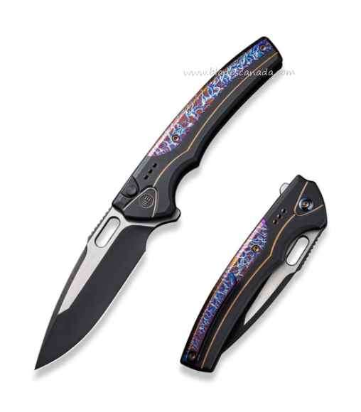 WE Knife Exciton Flipper Button Knife, Ltd Edition, CPM 20CV Black SW, Flamed Titanium, 22038A-4