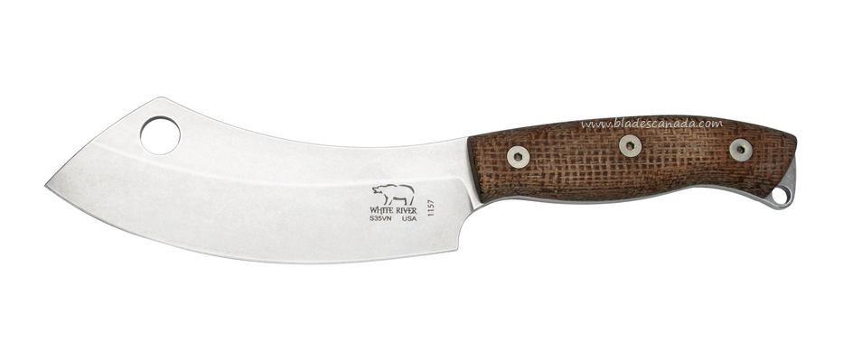 White River Camp Cleaver Fixed Blade Knife, S35VN, Natural Burlap Micarta, Leather Sheath