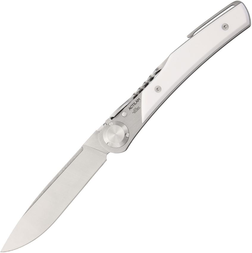 Actilam France Taper Folding Knife, X50CrMoV15N, White Corian Handle, Pocket Clip, ACTT3CC