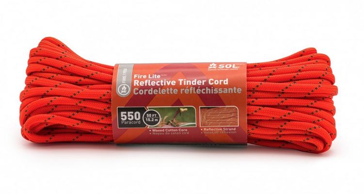 SOL Fire Lite Tinder Cord 550, Reflective Orange - 50 Ft.