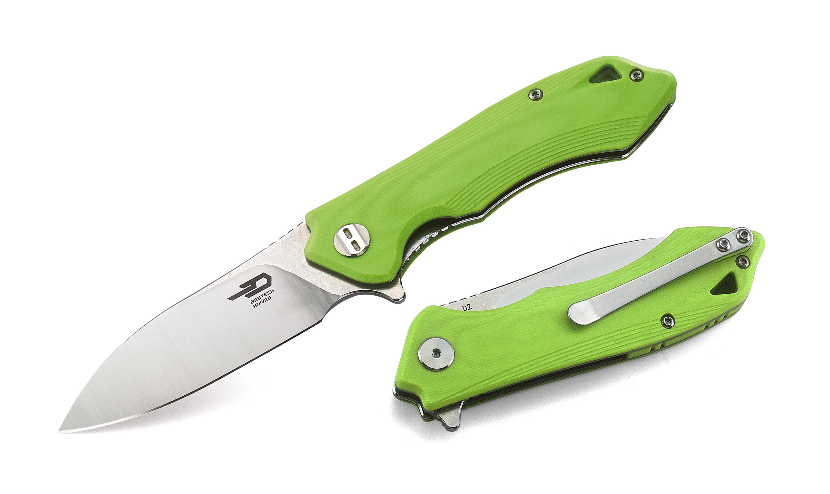 Bestech Beluga Flipper Folding Knife, D2 Two-Tone, G10 Green, BG11F-2