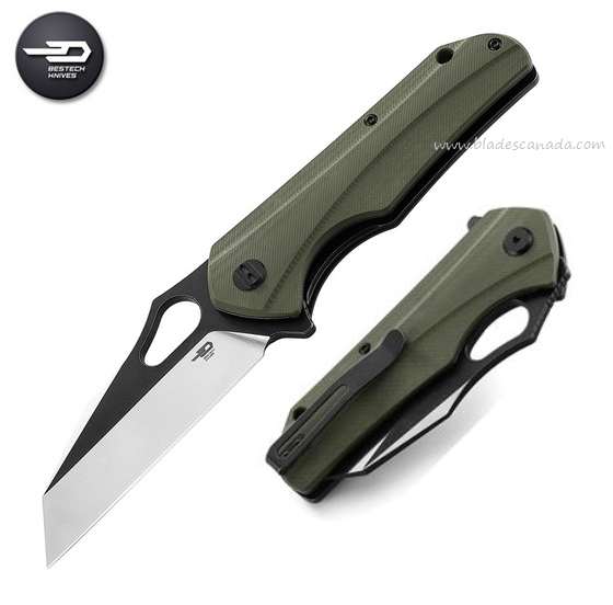 Bestech Operator Flipper Folding Knife, D2 Black/Satin, G10 Green, BG36C