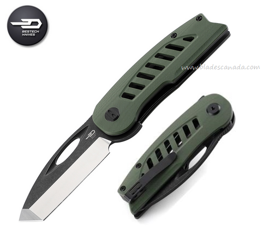 Bestech Explorer Flipper Folding Knife, D2 Black SW/Satin, G10 Green, BG37B