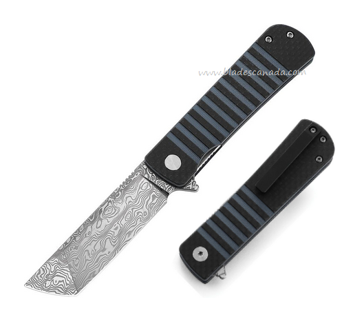 Bestech Titan Flipper Folding Knife, Damascus, Carbon Fiber/G10 Blue, BL05A