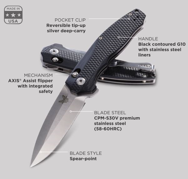 Benchmade Vector Flipper Folding Knife, Assisted Opening, CPM S30V, G10 Black, BM495