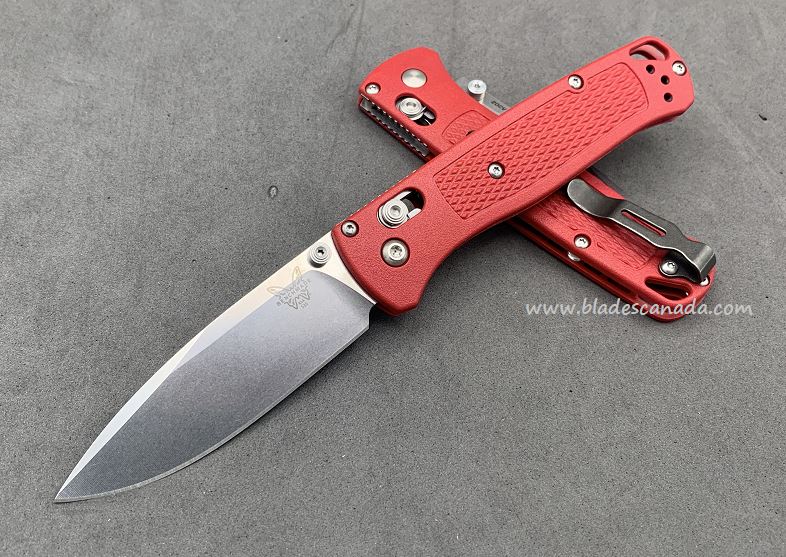 Benchmade Bugout Folding Knife, 20CV, Red Handle, Satin Thumbstud & Standoffs, 535CU14 - Click Image to Close