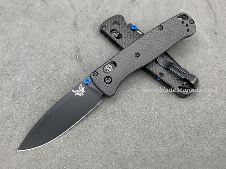 Benchmade Bugout Customized Folding Knife, 20CV Black, Carbon Fiber, Blue Thumbstud, BM535CU212