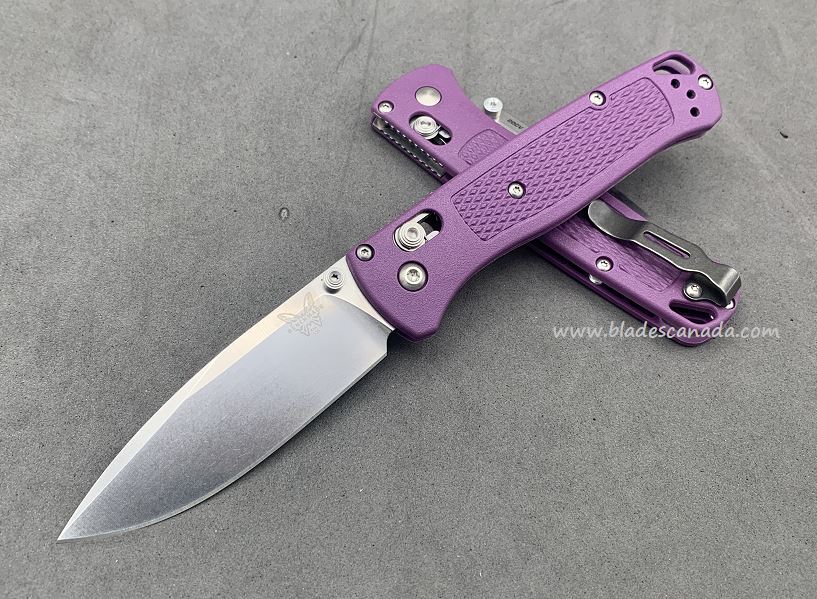 Benchmade Bugout Folding Knife, 20CV, Purple Handle, Satin Thumbstud & Standoffs, BM535CU75