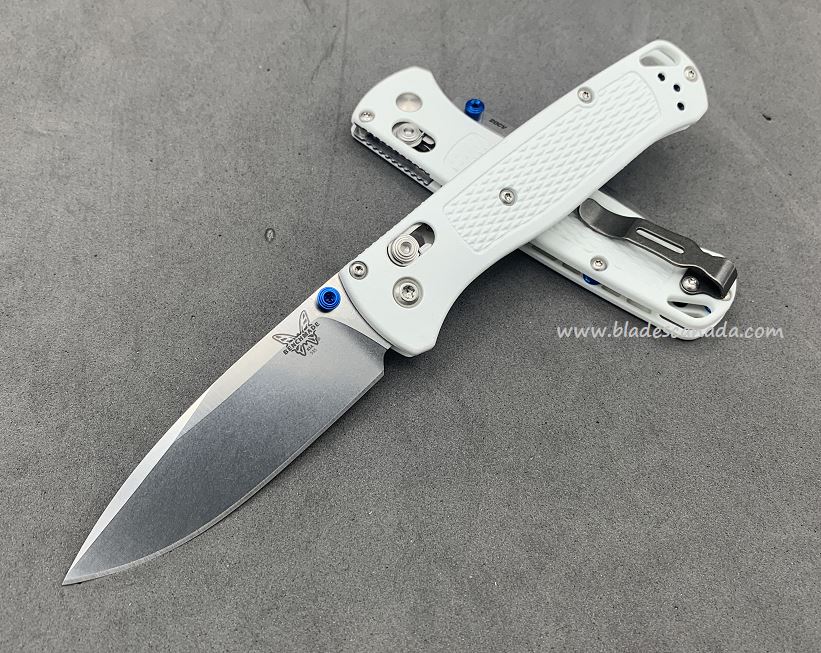 Benchmade Bugout Folding Knife, 20CV, White Handle, Blue Thumbstud & Standoffs, 535CU76 - Click Image to Close