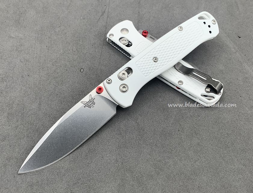 Benchmade Bugout Folding Knife, 20CV, White Handle, Red Thumbstud & Standoffs, 535CU81