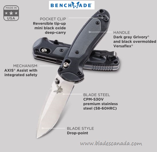Benchmade Mini Boost Folding Knife, Assisted Opening, CPM S30V, Black/Grey Handle, 595