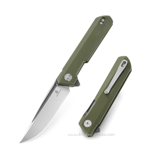 Bestechman Dundee Flipper Folding Knife, D2 Satin/Titanized, G10 Green, BMK01D