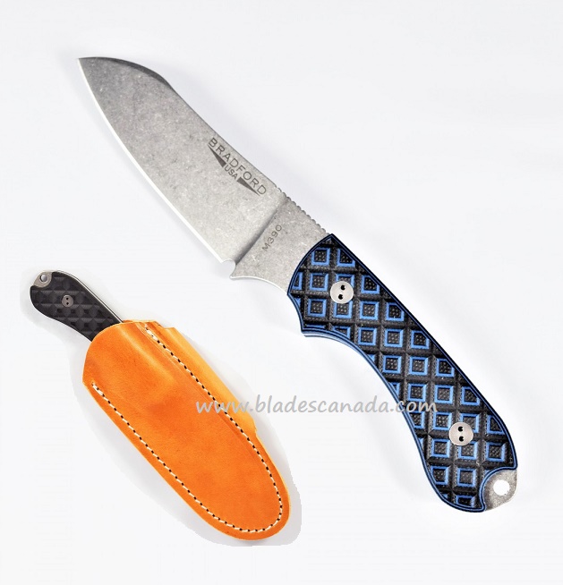 Bradford Guardian 3 Sheepsfoot Knife, M390 Stonewash, Black/Blue Textured G10, 3SF-013-M390