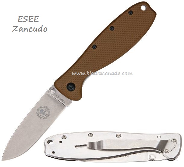 ESEE Zancudo Framlock Folding Knife, AUS 8A, GFN Brown/Stainless, BRKR1CB - Click Image to Close
