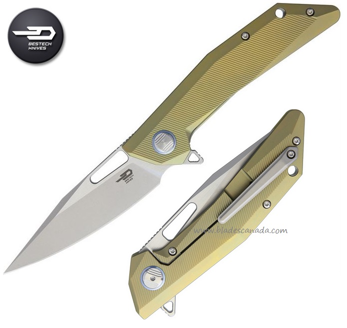 Bestech Shrapnel Flipper Framelock Knife, S35VN Two-Tone, Titanium Gold, BT1802D