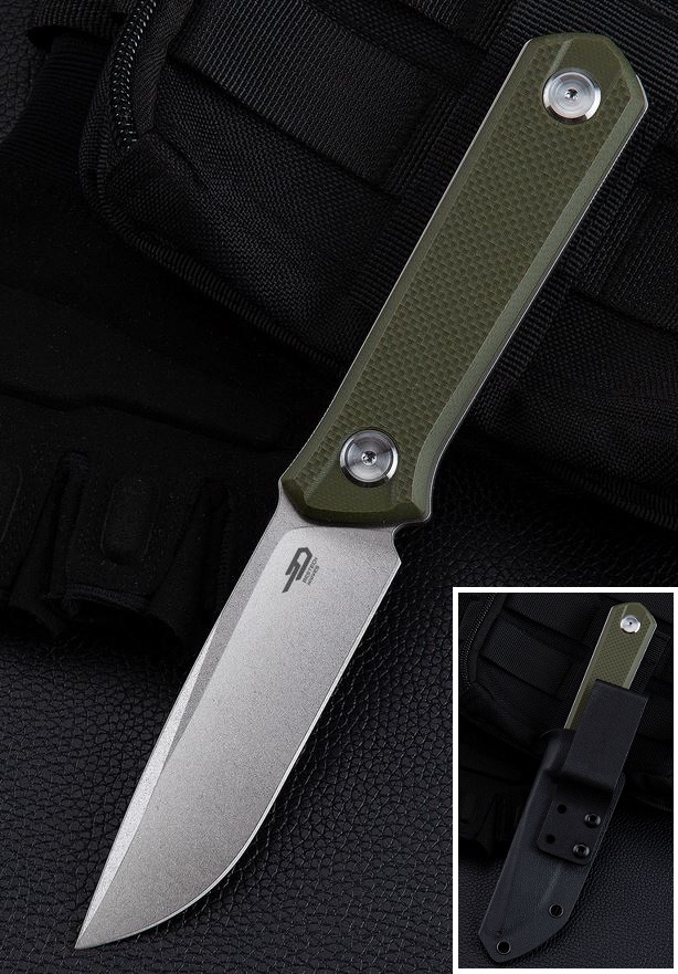 Bestech Hedron Fixed Blade Knife, D2, G10 OD Green, Kydex Sheath, BFK02B