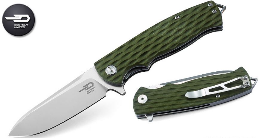 Bestech Grampus Flipper Folding Knife, D2 Two-Tone, G10 Green, BG02B