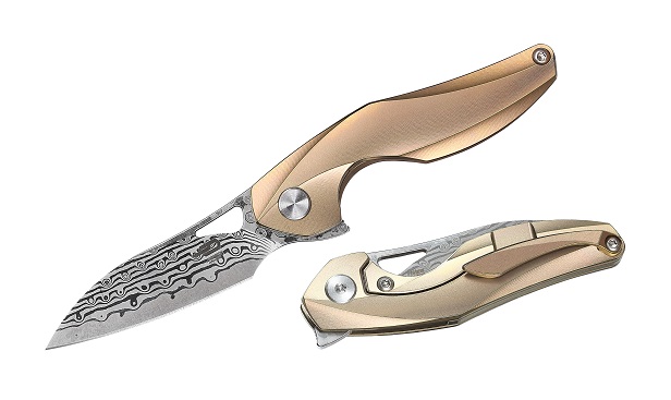 Bestech Isham Reticulan Flipper Framelock Knife, Damascus Blade, Titanium Gold, BT1810J