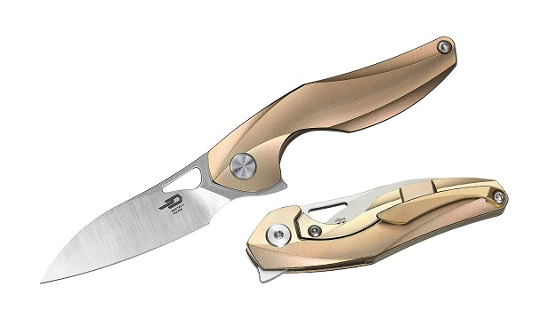 Bestech Isham Reticulan Flipper Framelock Knife, 2" S35VN Two-Tone, Titanium Gold, BT1810D - Click Image to Close