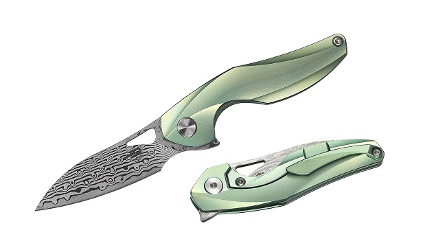 Bestech Isham Reticulan Flipper Framelock Knife, Damascus Blade, Titanium Green, BT1810I