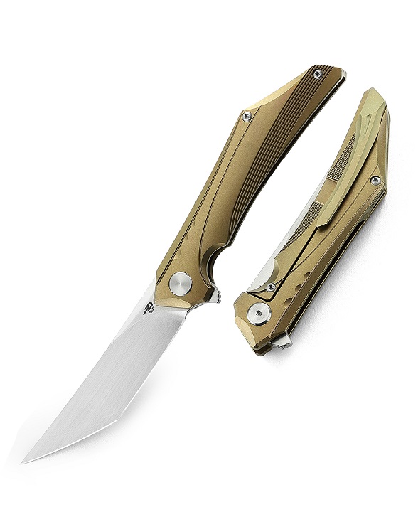 Bestech Kamoza Flipper Framelock Knife, M390 Tanto, Titanium Gold, BT1911C