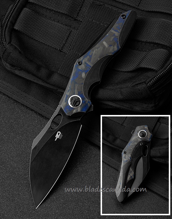 Bestech Nogard Flipper Folding Knife, M390, Titanium/Blue Marble CF, BT2105B