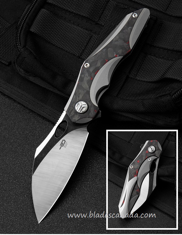 Bestech Nogard Flipper Folding Knife, M390 Two-Tone, Titanium/Red Marble CF, BT2105C