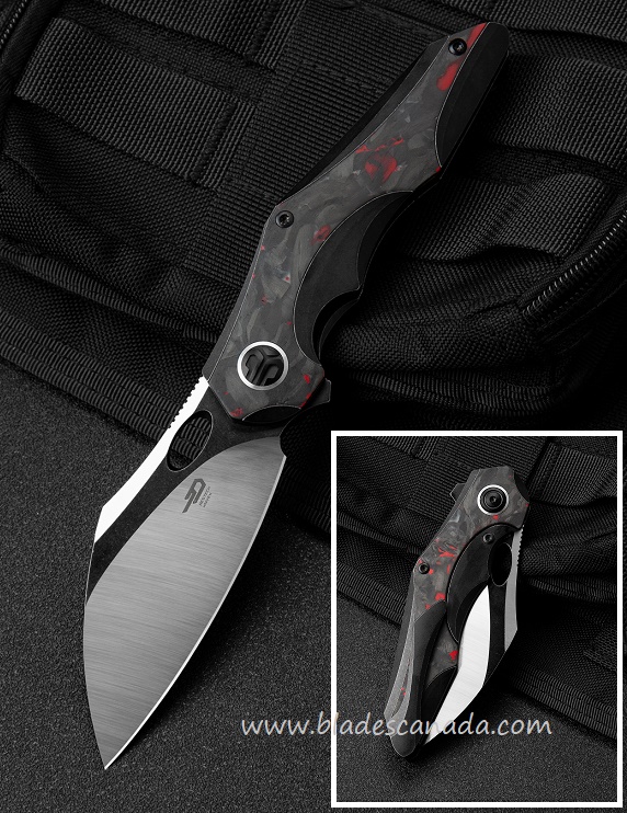 Bestech Nogard Flipper Folding Knife, M390 Two-Tone, Titanium/Red Marble CF, BT2105D
