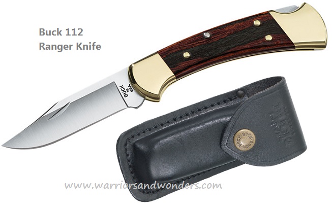 Buck 112 Ranger Folding Knife, 420HC Steel, Ebony Wood, Leather Sheath, BU0112BRS
