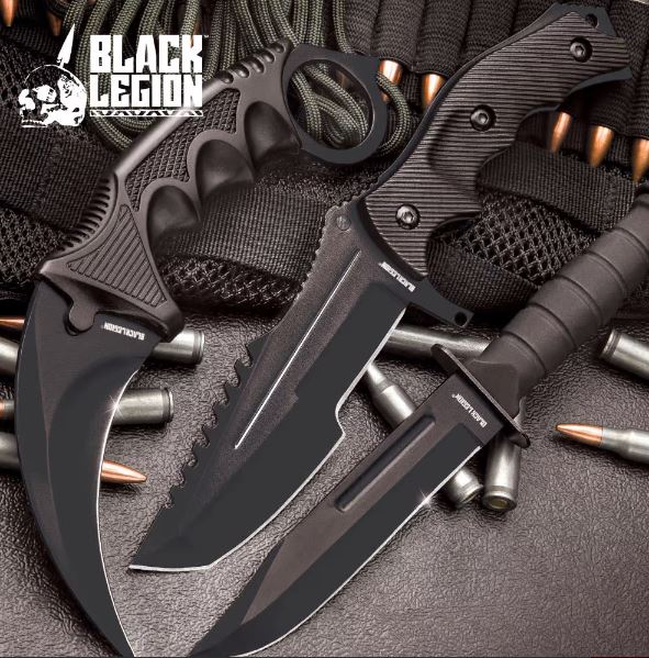 UC Black Legion Midnight Black Karambit, Mini Huntsman, Military Knives Triple Set, BV445