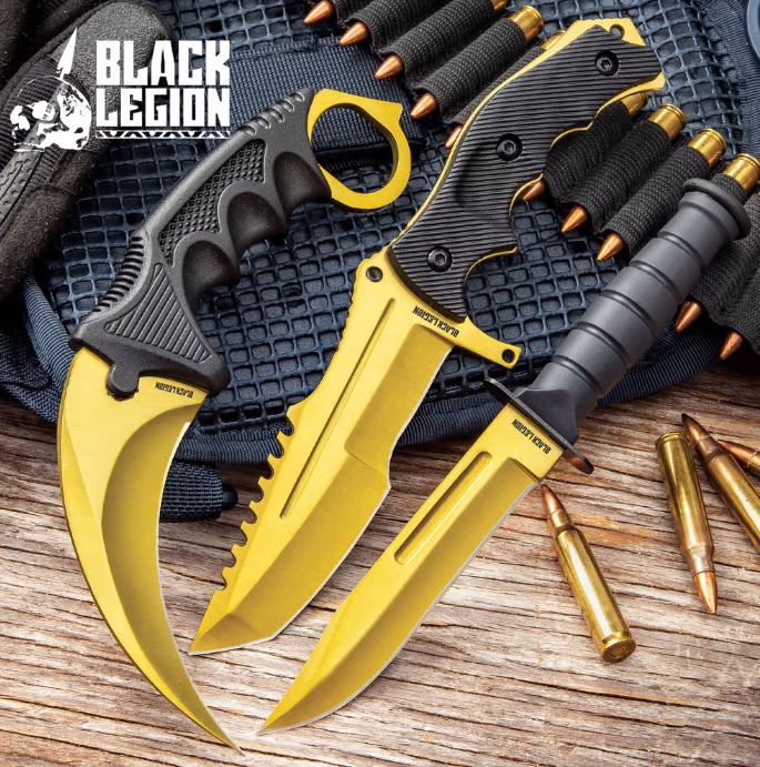 UC Black Legion Gold Karambit, Hunter Knife & Survival Knife Triple Set, BV573