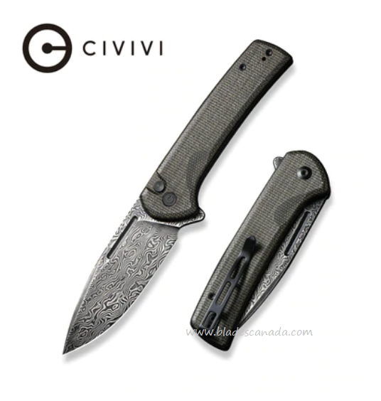Civivi Conspirator Flipper Folding Knife, Damascus Blade, Micarta Green, C21006-DS1