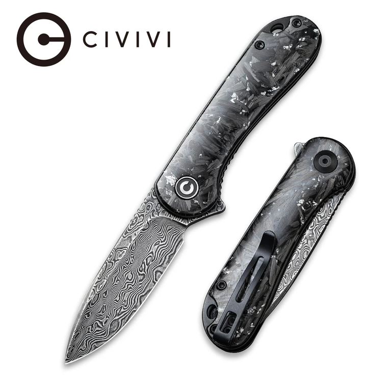 CIVIVI Elementum Flipper Folding Knife, Damascus, Shred Carbon Fiber w/Silvery Flakes, 907C-DS2